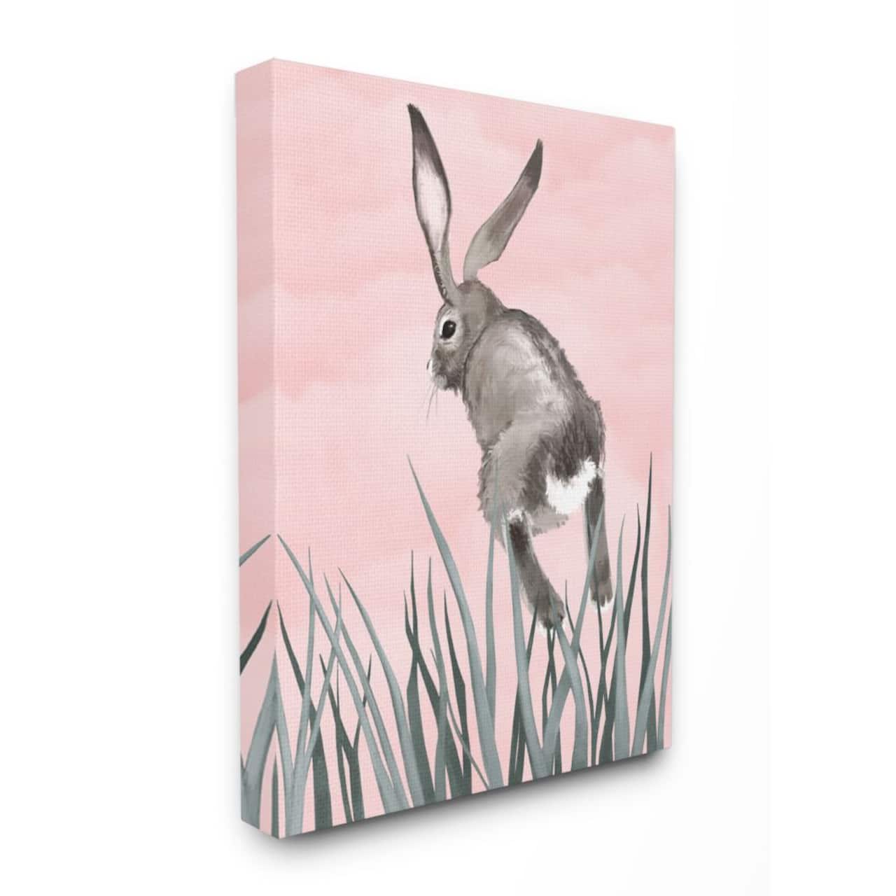 Stupell Industries Bunny Rabbit Jump Grass Pink Green Animal Painting Canvas Wall Art